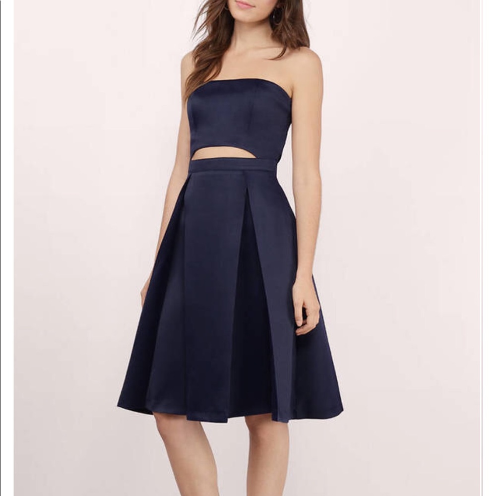 Navy, strapless pleated skater dress